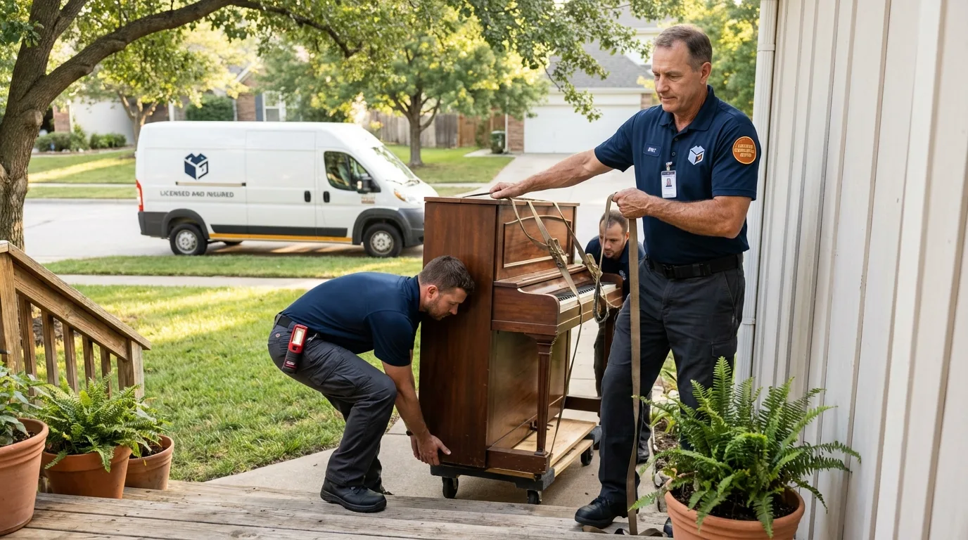 Licensed piano movers securing grand piano in Iota, LA