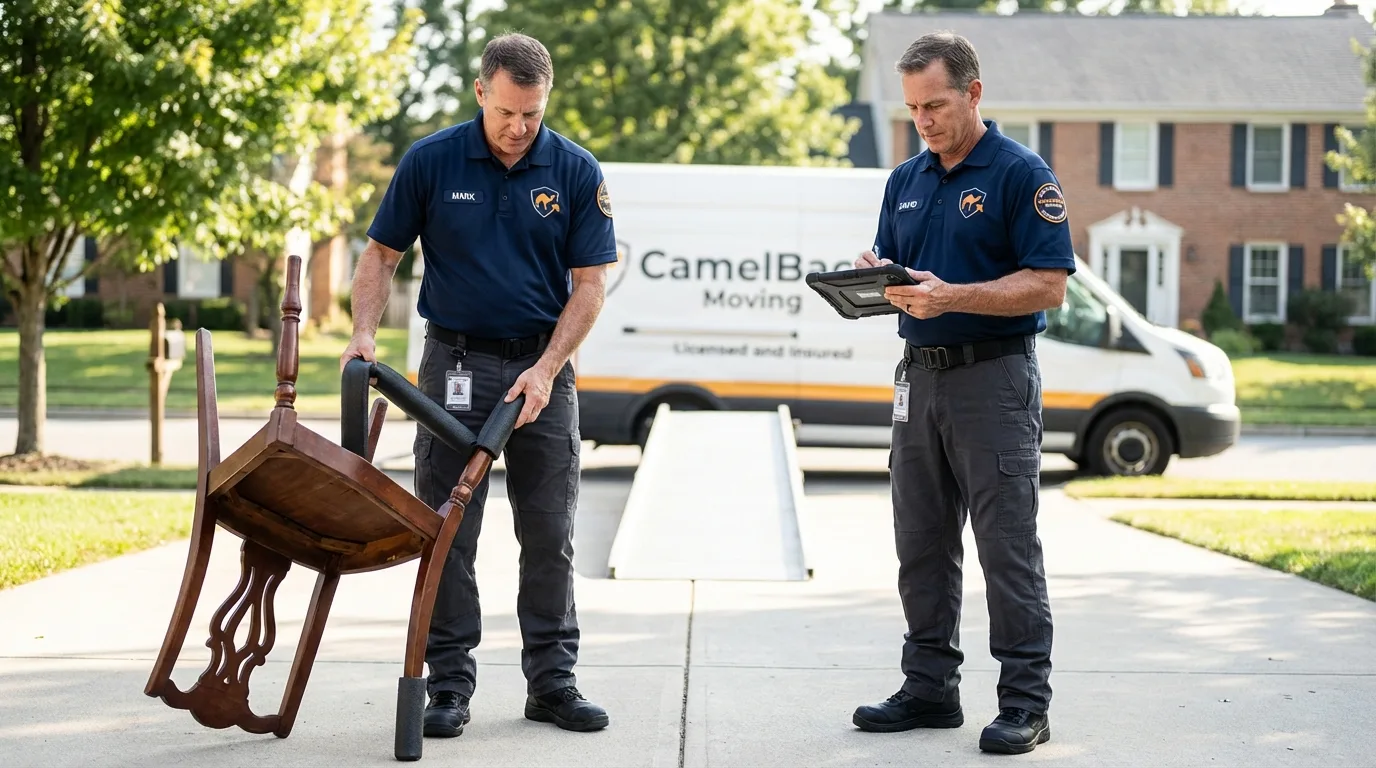 Movers inspecting furniture for damage prevention before loading in Iota, LA