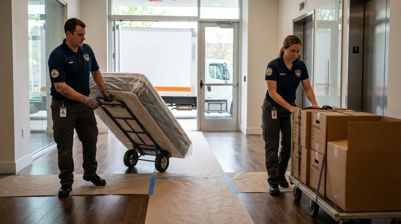 Professional apartment movers loading elevator in Iota, LA